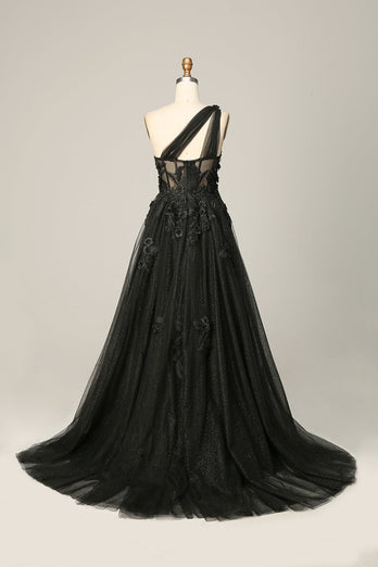 A Line One Shoulder Black Long Prom Dress with Appliques