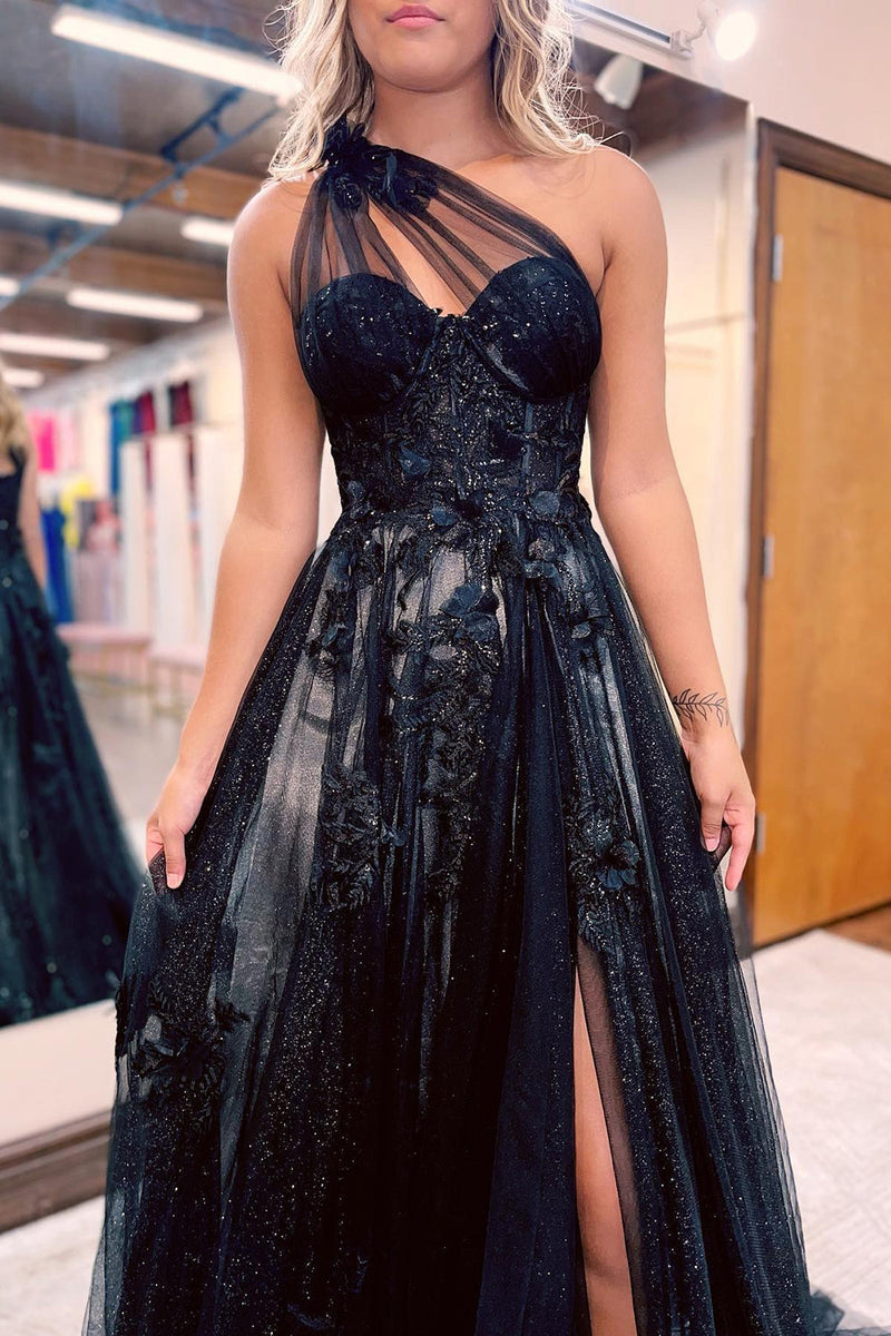 Load image into Gallery viewer, A Line One Shoulder Black Long Prom Dress with Appliques