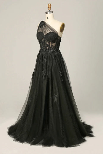 A-Line Tulle One Shoulder Purple Long Prom Dress with Appliques