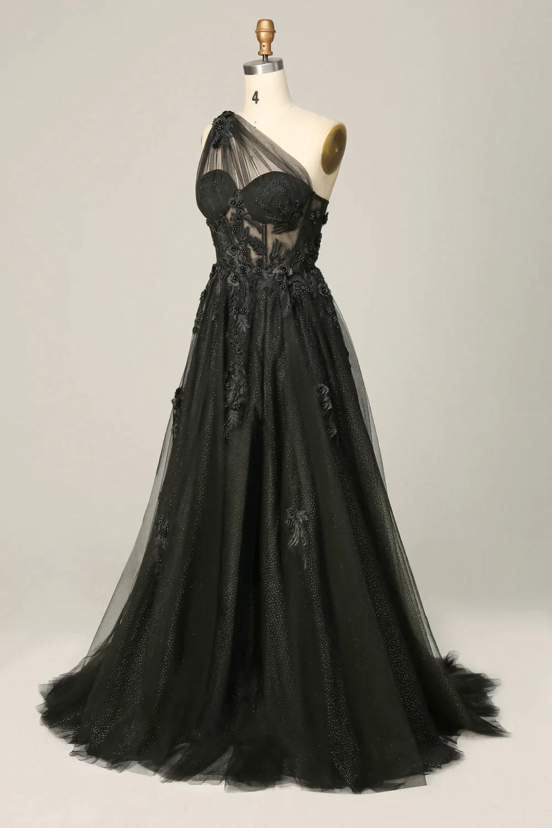 Load image into Gallery viewer, A-Line Tulle One Shoulder Purple Long Prom Dress with Appliques