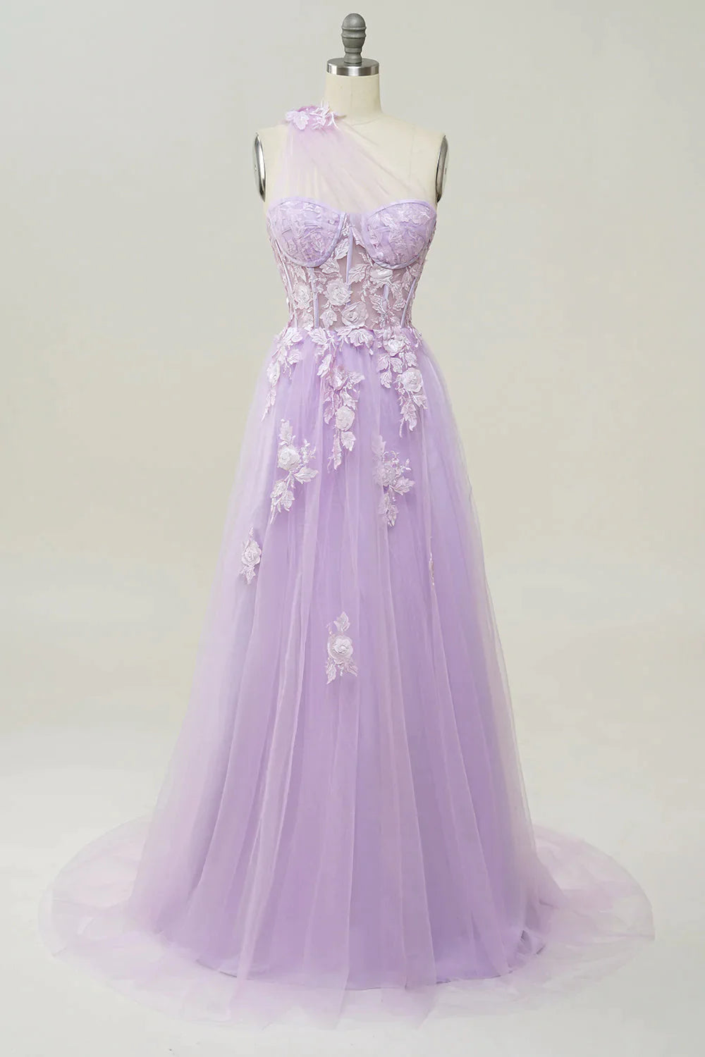 A-Line Tulle One Shoulder Purple Long Prom Dress with Appliques