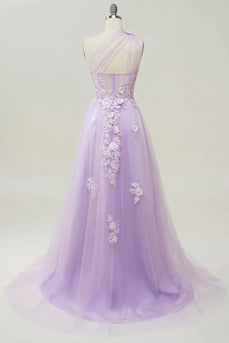 A-Line Tulle One Shoulder Purple Long Prom Dress with Appliques