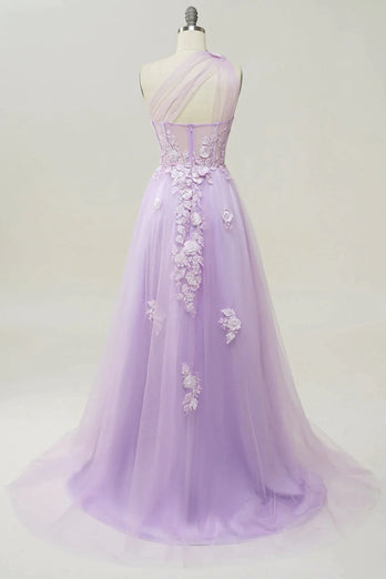 A-Line Tulle One Shoulder Purple Long Prom Dress with Appliques