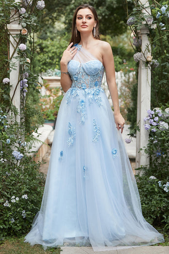 A Line One Shoulder Sky Blue Long Prom Dress with Appliques