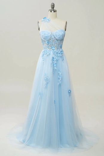 A-Line Tulle One Shoulder Purple Long Prom Dress with Appliques
