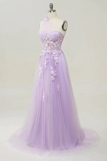 A-Line Tulle One Shoulder Purple Long Prom Dress with Appliques