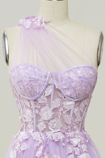 A-Line Tulle One Shoulder Purple Long Prom Dress with Appliques