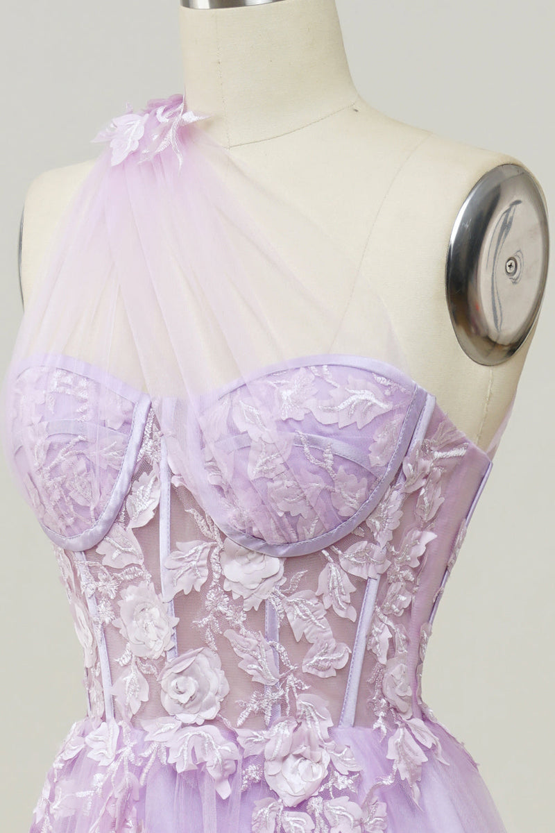 Load image into Gallery viewer, A-Line Tulle One Shoulder Purple Long Prom Dress with Appliques
