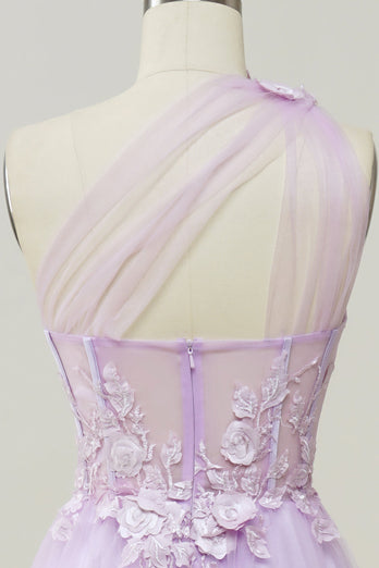 A-Line Tulle One Shoulder Purple Long Prom Dress with Appliques