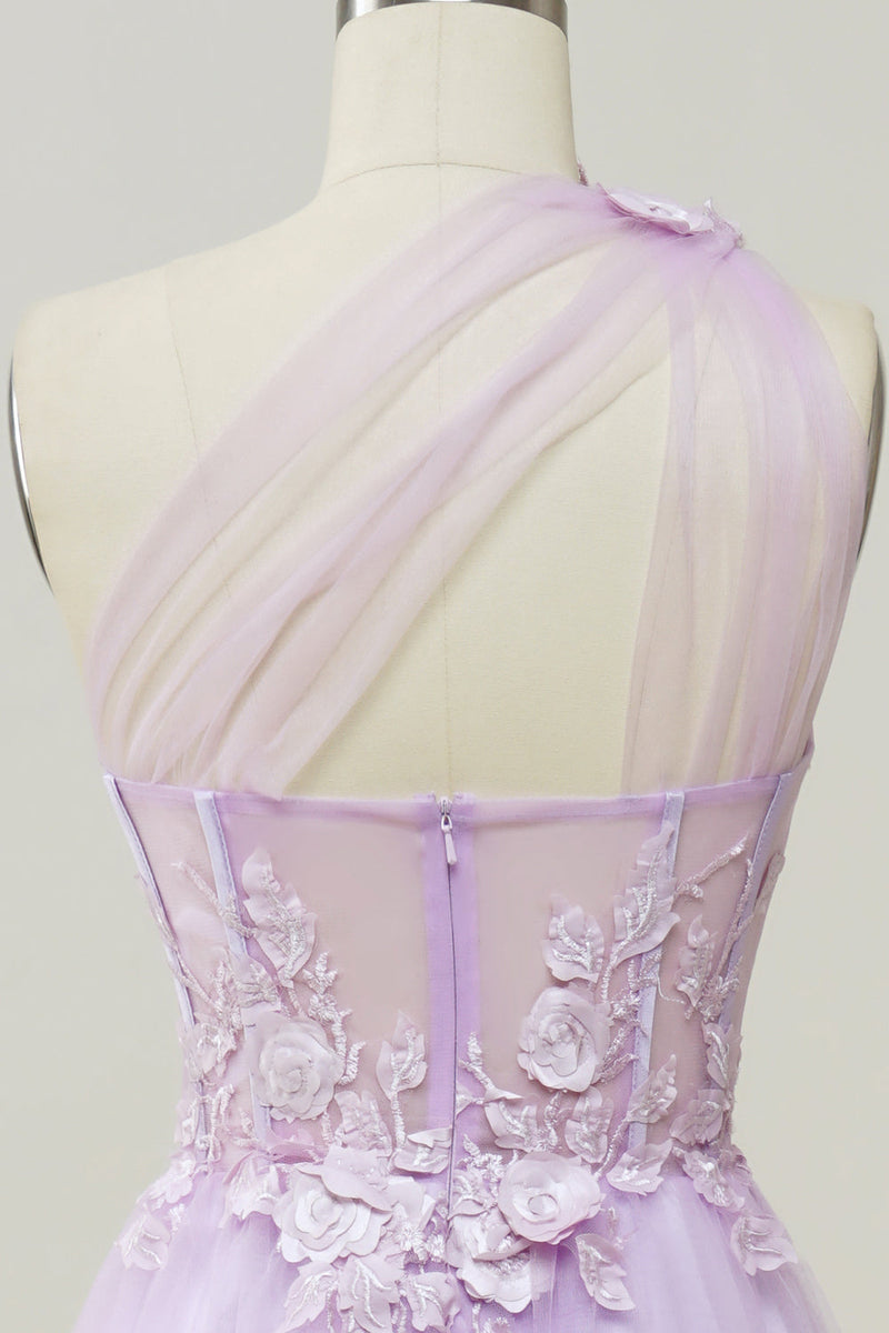Load image into Gallery viewer, A-Line Tulle One Shoulder Purple Long Prom Dress with Appliques
