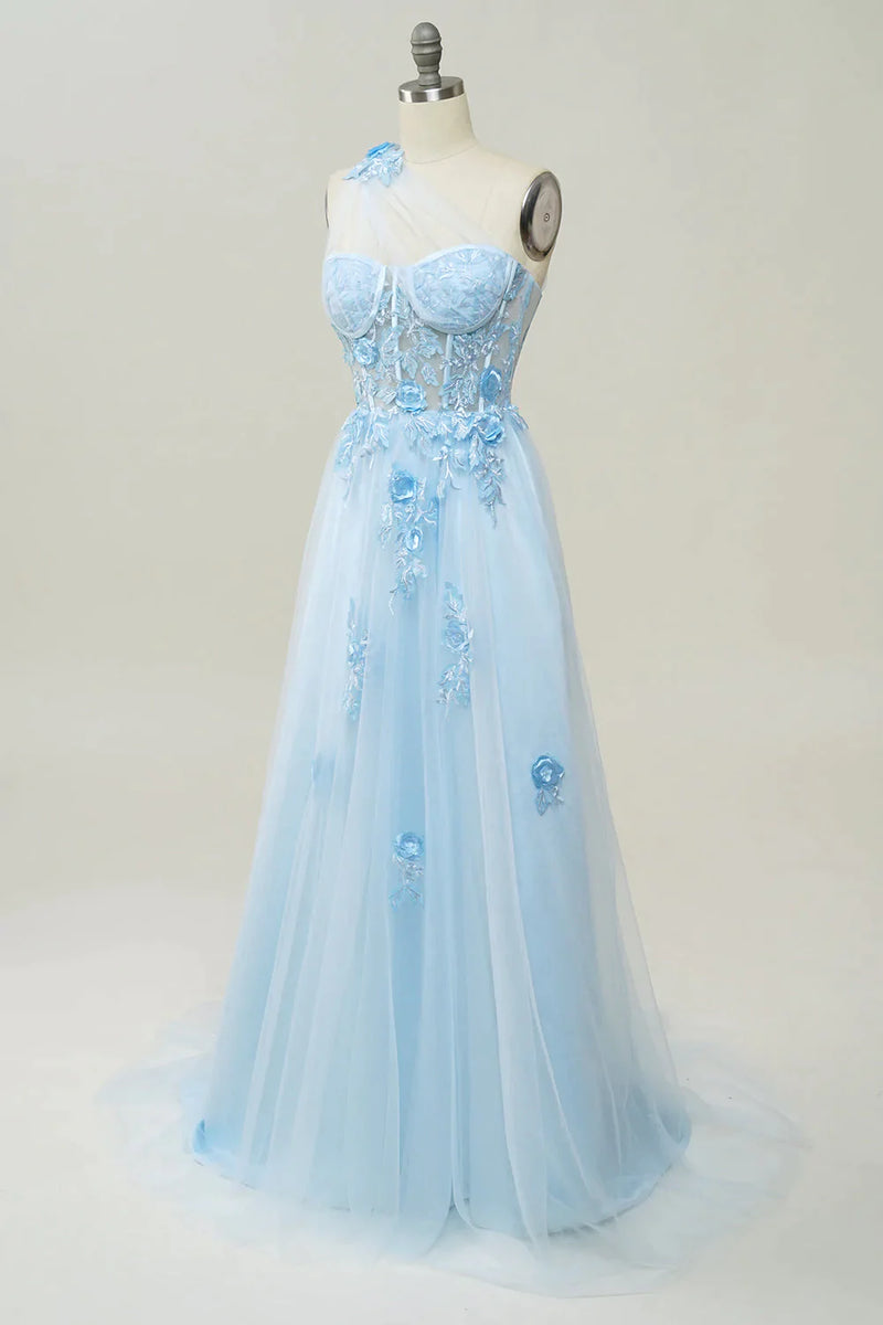 Load image into Gallery viewer, A-Line Tulle One Shoulder Purple Long Prom Dress with Appliques