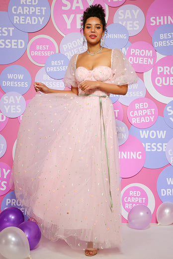 Tulle Pink Princess Prom Dress with Embroidery