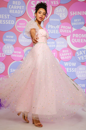 Tulle Pink Princess Prom Dress with Embroidery