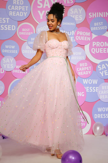Tulle Pink Princess Prom Dress with Embroidery