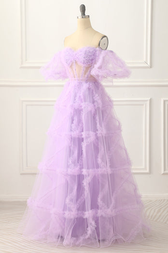 A-line Off the Shoulder Tulle Lavender Long Prom Dress