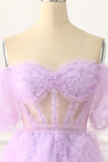 A-line Off the Shoulder Tulle Lavender Long Prom Dress