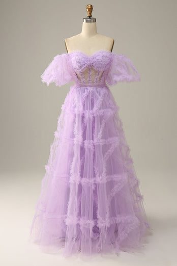 A Line Off the Shoulder Light Blue Tulle Corset Prom Dress with Bowknot
