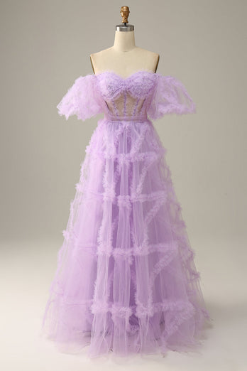 A Line Off the Shoulder Pink Tulle Corset Prom Dress with Bowknot