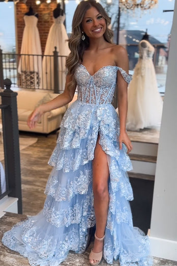 Blue Corset Tiered Lace Prom Dress with Slit