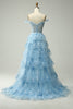 Load image into Gallery viewer, Blue Corset Tiered Lace Prom Dress with Slit