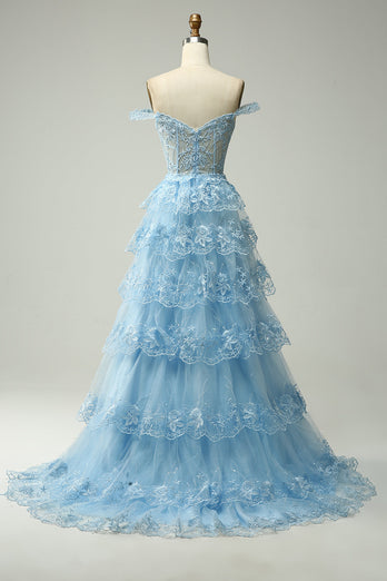 Blue Corset Tiered Lace Prom Dress with Slit