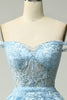 Load image into Gallery viewer, A-Line Off the Shoulder Blue Long Prom Dress with Appliques