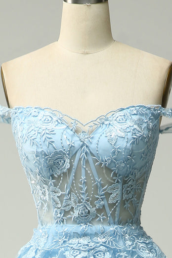 A-Line Off the Shoulder Blue Long Prom Dress with Appliques
