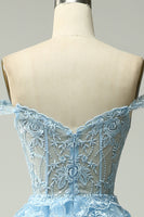 Load image into Gallery viewer, Dark Blue Off The Shoulder Tiered Prom Dress