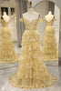 Load image into Gallery viewer, Glitter Golden Tiered A-Line Long Prom Dress with Lace