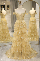 Load image into Gallery viewer, Glitter Golden Tiered A-Line Long Prom Dress with Lace