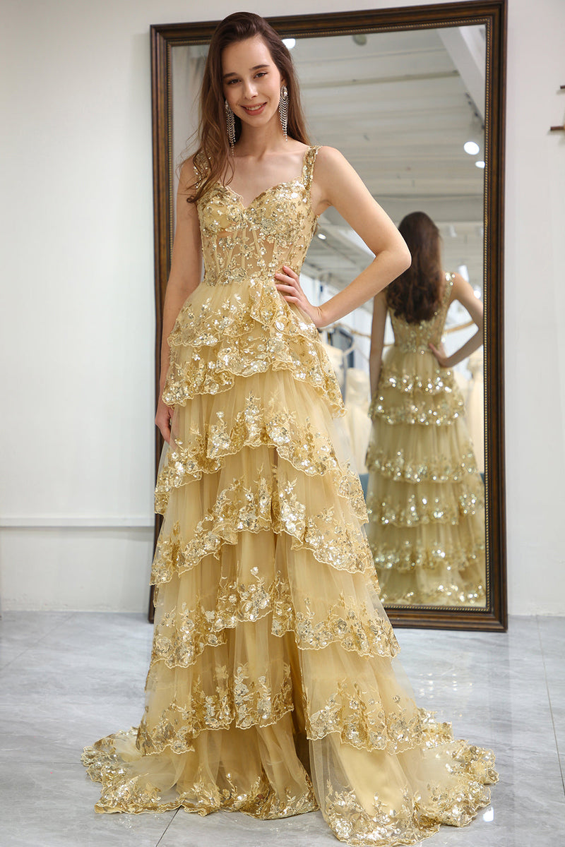 Load image into Gallery viewer, Sparkly Golden Tiered A-Line Long Prom Dress with Lace