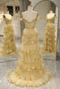 Load image into Gallery viewer, Glitter Golden Tiered A-Line Long Prom Dress with Lace