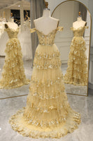 Load image into Gallery viewer, Glitter Golden Tiered A-Line Long Prom Dress with Lace
