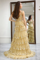 Load image into Gallery viewer, Sparkly Golden Tiered A-Line Long Prom Dress with Lace