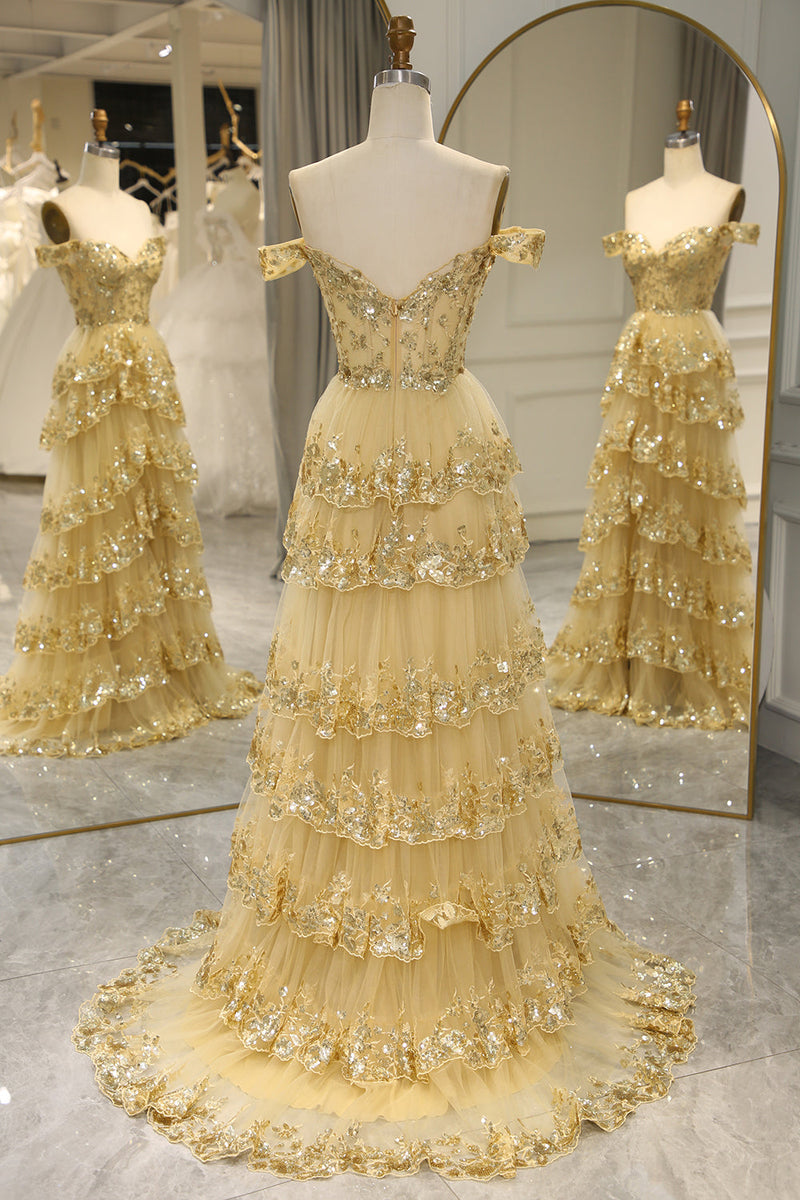 Load image into Gallery viewer, Glitter Golden Tiered A-Line Long Prom Dress with Lace