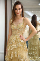 Load image into Gallery viewer, Sparkly Golden Tiered A-Line Long Prom Dress with Lace
