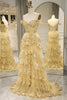 Load image into Gallery viewer, Glitter Golden Tiered A-Line Long Prom Dress with Lace