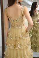 Load image into Gallery viewer, Sparkly Golden Tiered A-Line Long Prom Dress with Lace
