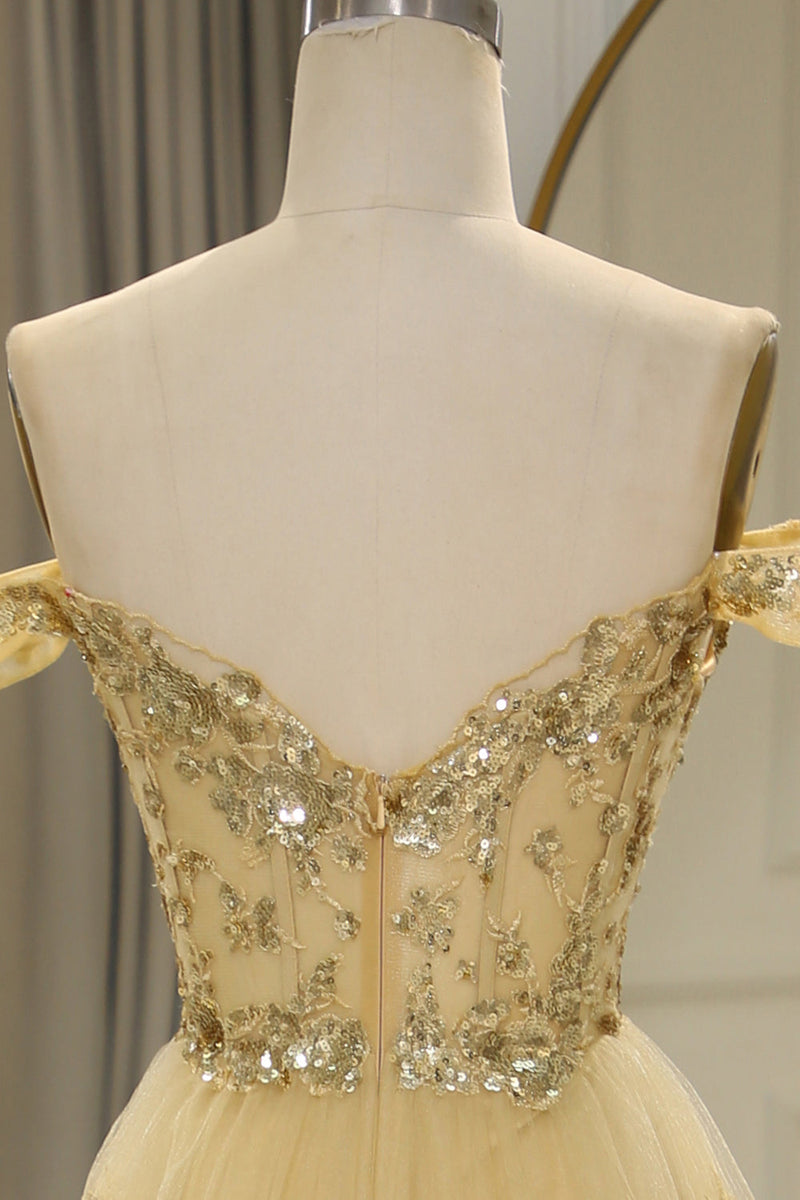Load image into Gallery viewer, Glitter Golden Tiered A-Line Long Prom Dress with Lace