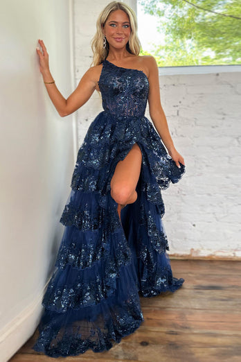 Sparkly Black One Shoulder Tiered Lace Long Prom Dress with Slit