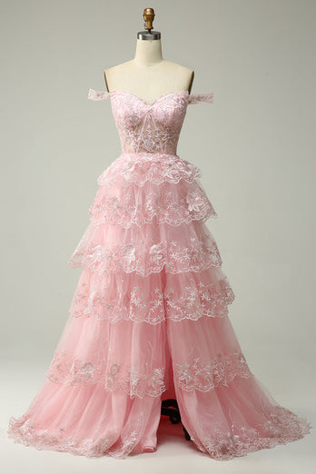 Blue Corset Tiered Lace Prom Dress with Slit