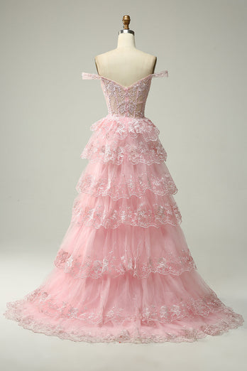 Blue Corset Tiered Lace Prom Dress with Slit