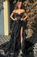 Load image into Gallery viewer, Blue Corset Tiered Lace Prom Dress with Slit