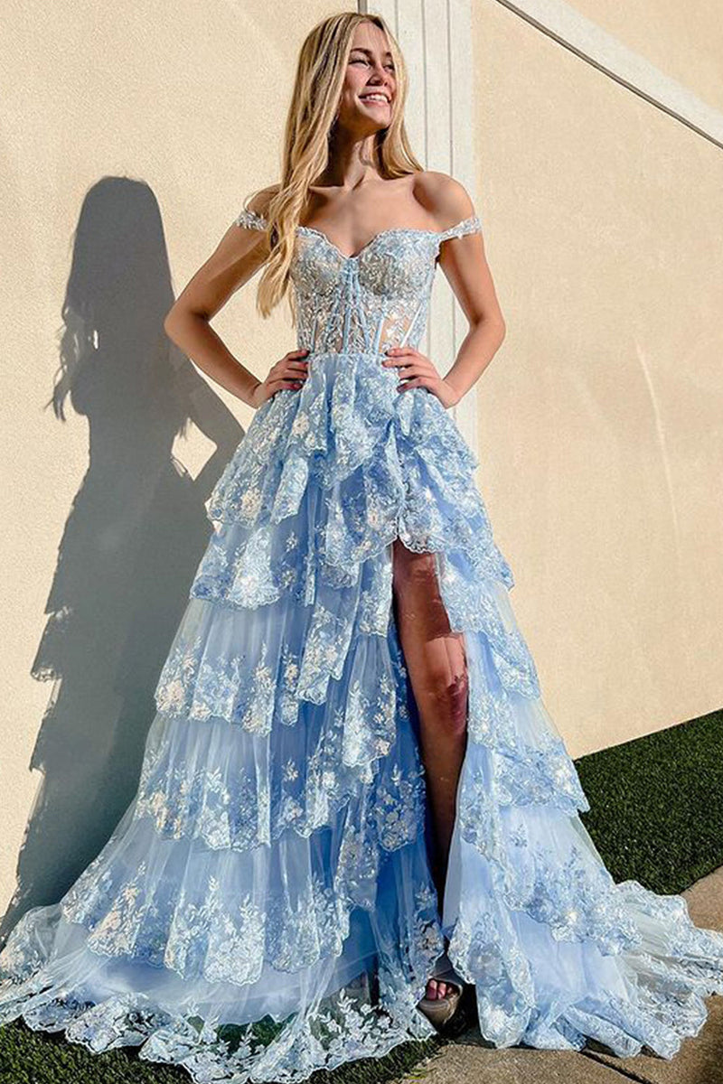 Queendancer Women Sparkly Blue Corset Lace Prom Dress with Slit A-Line  Tiered Party Dress – queendanceruk