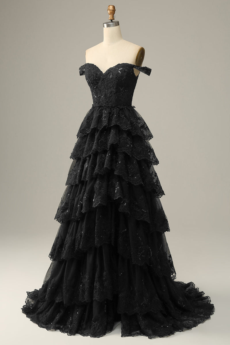 Load image into Gallery viewer, A-Line Off the Shoulder Black Long Prom Dress with Appliques
