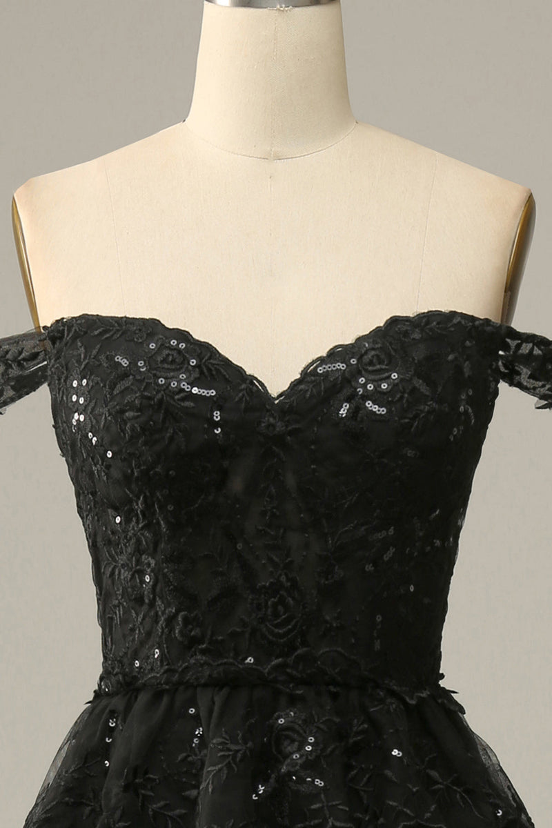 Load image into Gallery viewer, Sparkly Black Off The Shoulder Tiered Corset Prom Dress