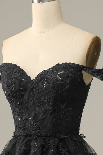 Sparkly Black Off The Shoulder Tiered Corset Prom Dress
