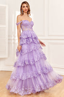 Load image into Gallery viewer, Off The Shoulder Fuchsia Prom Dress with Sequins