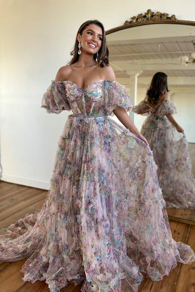 Pink Green Flower Off The Shoulder Prom Dress_1