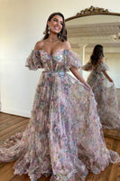 Load image into Gallery viewer, Pink Green Floral Off the Shoulder Long Prom Dress_1